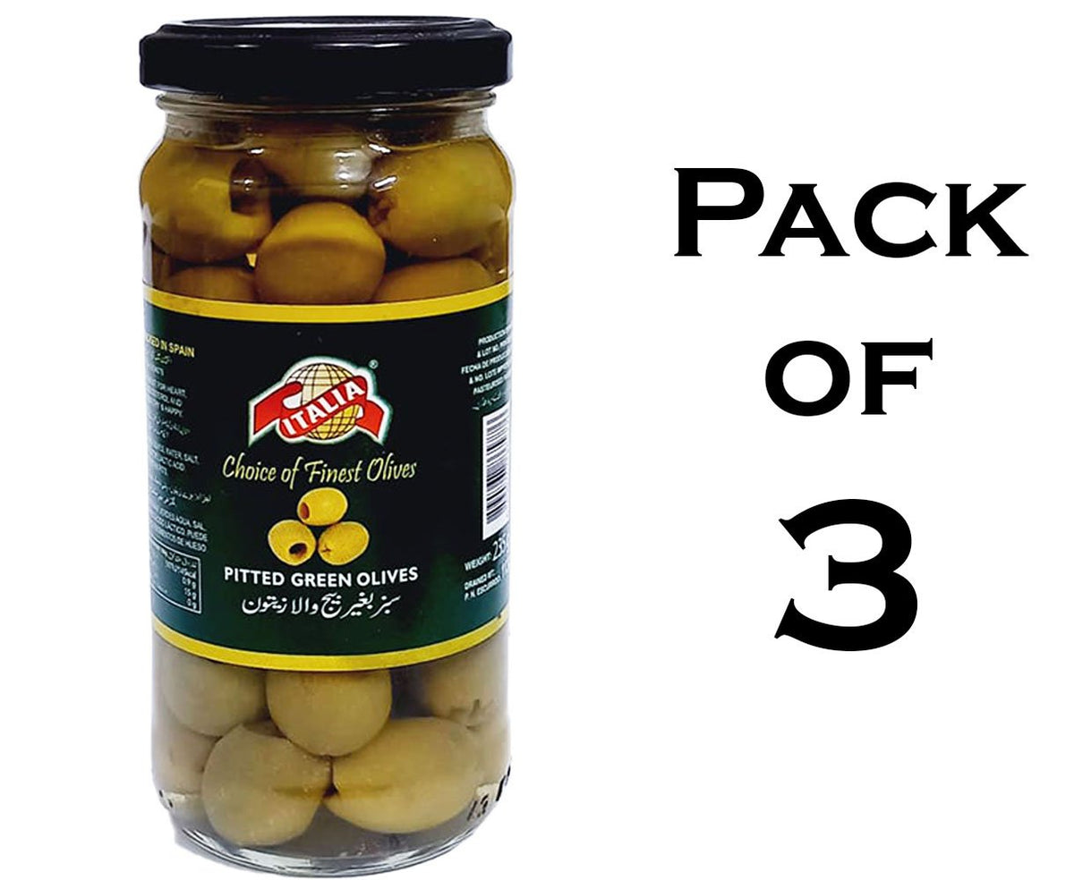 Green Olives by Italia - 235g - Pitted Green Olive / Sabz Bughair Bheej Wala Zaitoon - Imported From Spain - Pack Of 3 image